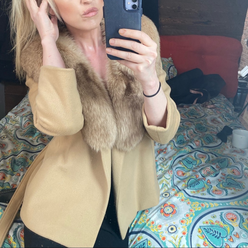 30% OFF BUNDLES! REAL FUR 100% CASHMERE TRENCHCOAT JACKET DUSTER COAT VINTAGE - Picture 11 of 16